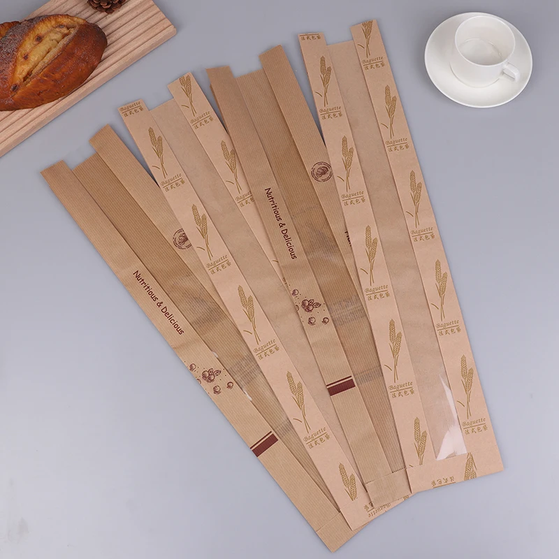 10Pcs Oil Proof Kraft Paper Long Bread Bags With Transparent Window Baguette Baking Packaging Bags For Birthday Party Event