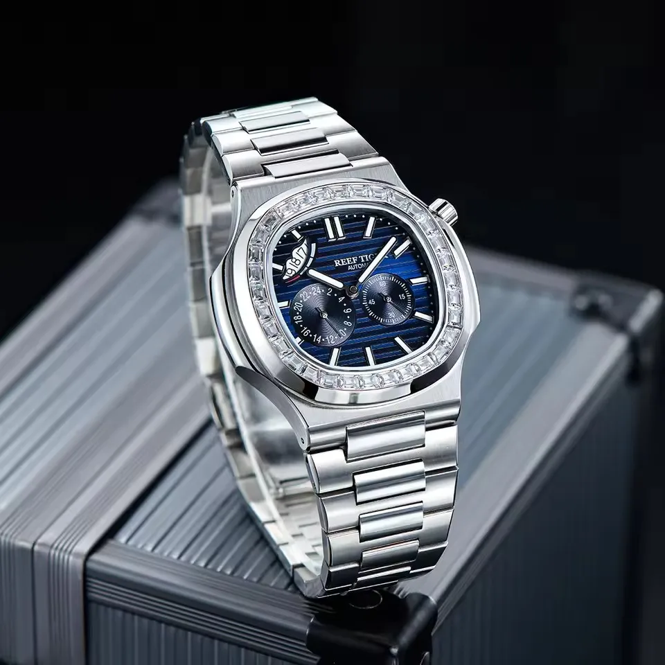 Reef Tiger Men Automatic Watch 44mm Square Mechanical Wristwatch Luminous Date,24 Hours,Small Second Dial