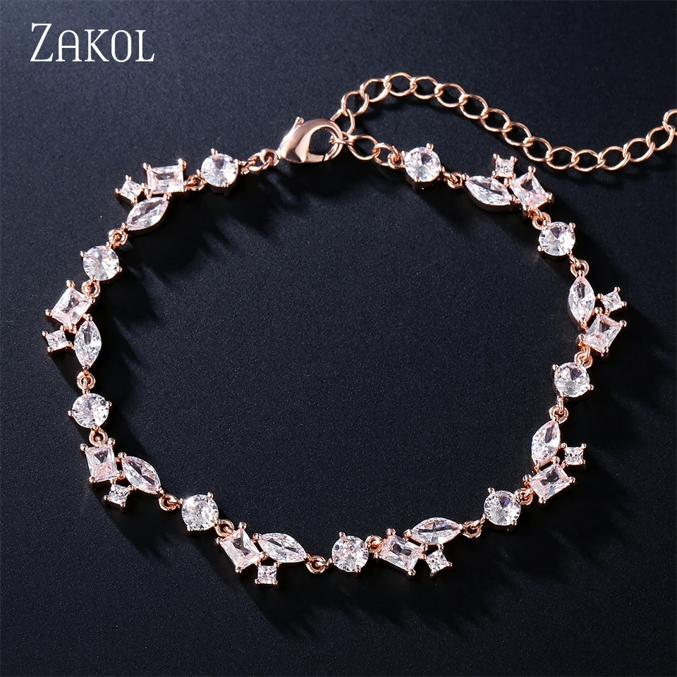ZAKOL Delicate Leaf Shape Zircon Women's Link Bracelet Copper Micro-inlaid Simple Fashionable Bride Wedding Jewelry Accessories