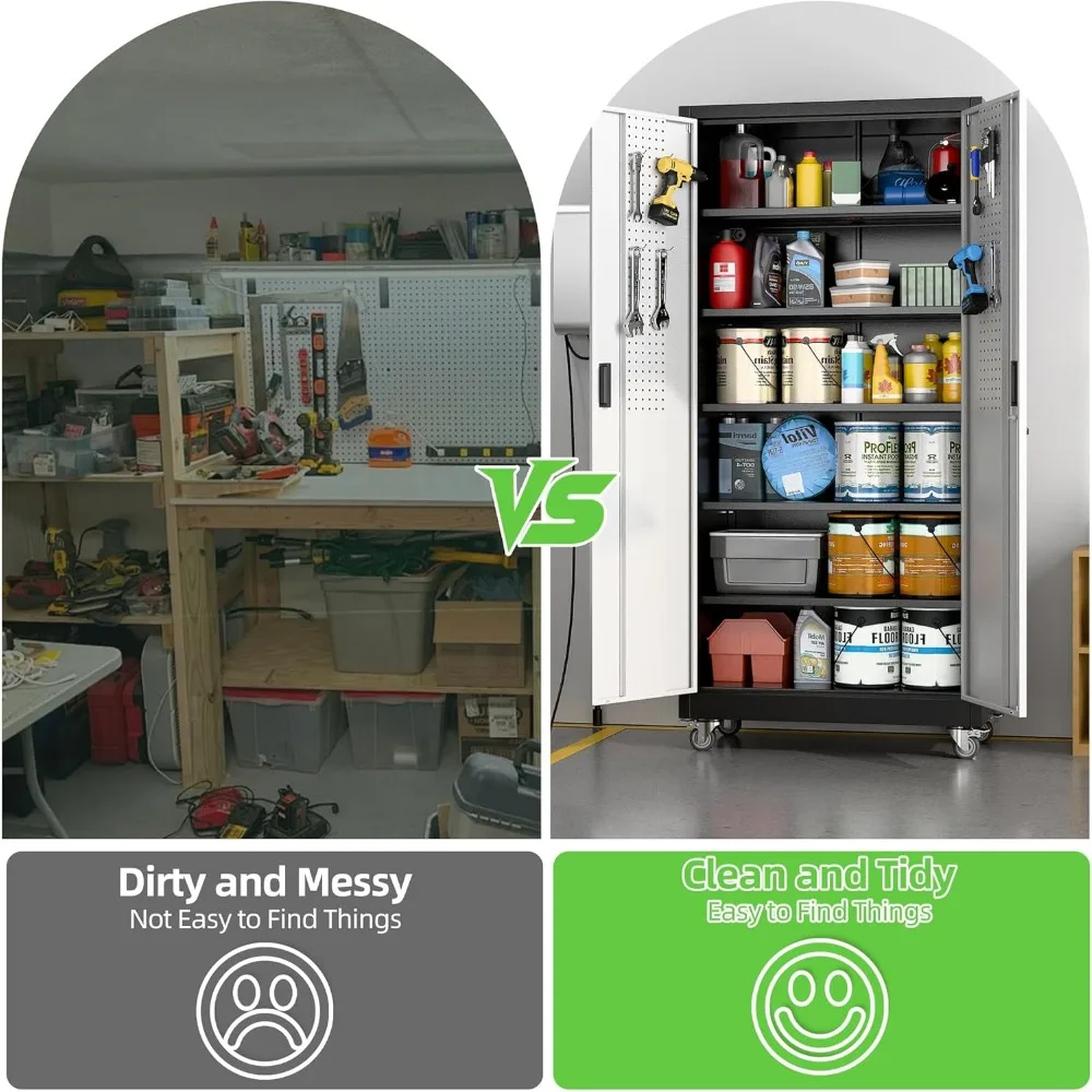 Adjustable Shelves Metal Garage Storage Cabinet with Wheels, 71 Tall, Lockable Doors, and Pegboard for Garage Organization