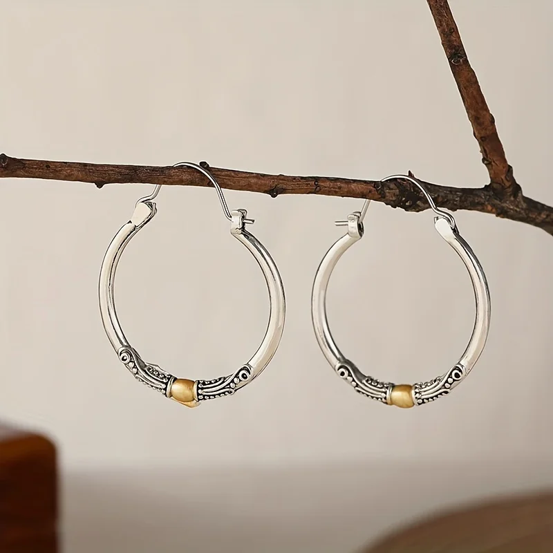Two Tone Silver Gold Balinese Hoop Earrings, Vintage Tribal Engraved Leverback Hoops, Antique Mixed Metal Ethnic Circle Earrings Women Daily Jewelry Gift