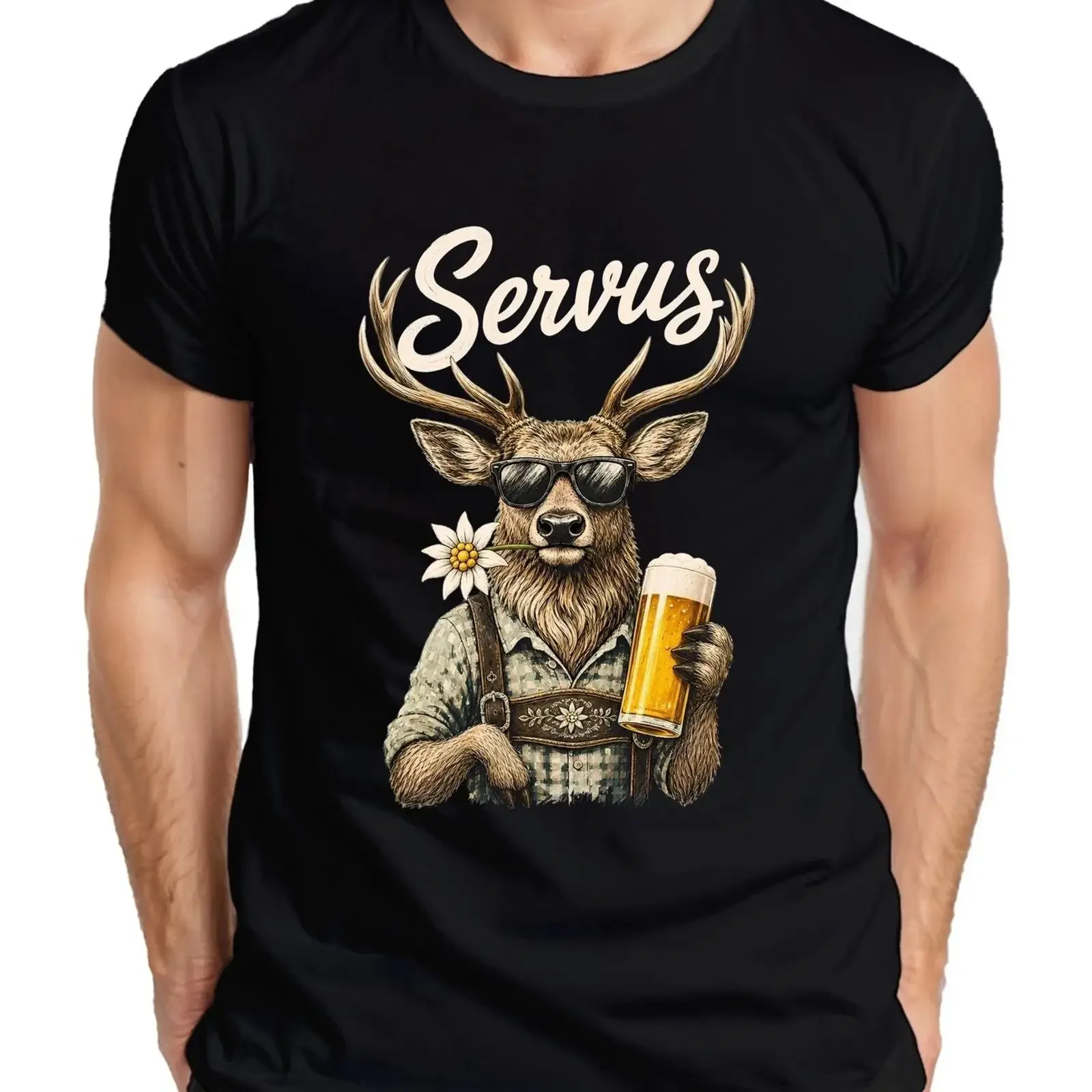 Servus Hirsch Lederhosen Beer Edelweiss Bavaria Dirndl Oktoberfest Men's T Shirt vintage Washed Casual Versatile Unisex graphic