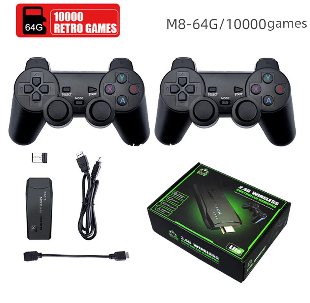 لعبة فيديو Stick Lite 4K لعبة فيديو M8 وحدة تحكم 64 جيجابايت وحدة تحكم لاسلكية مزدوجة لعام 20000 ألعاب ريترو هدية عيد الميلاد للأطفال 4K HDMI