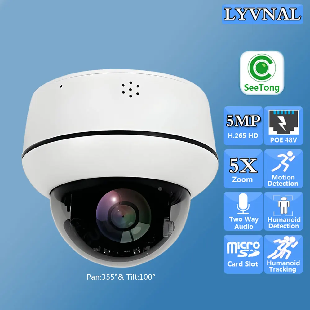 

Seetoong HD 5MP Security IP Camera POE PTZ Dome 2.7-13.5mm 5X Auto Zoom Outdoor Two Way Audio AI Auto Tracking IR Night Version