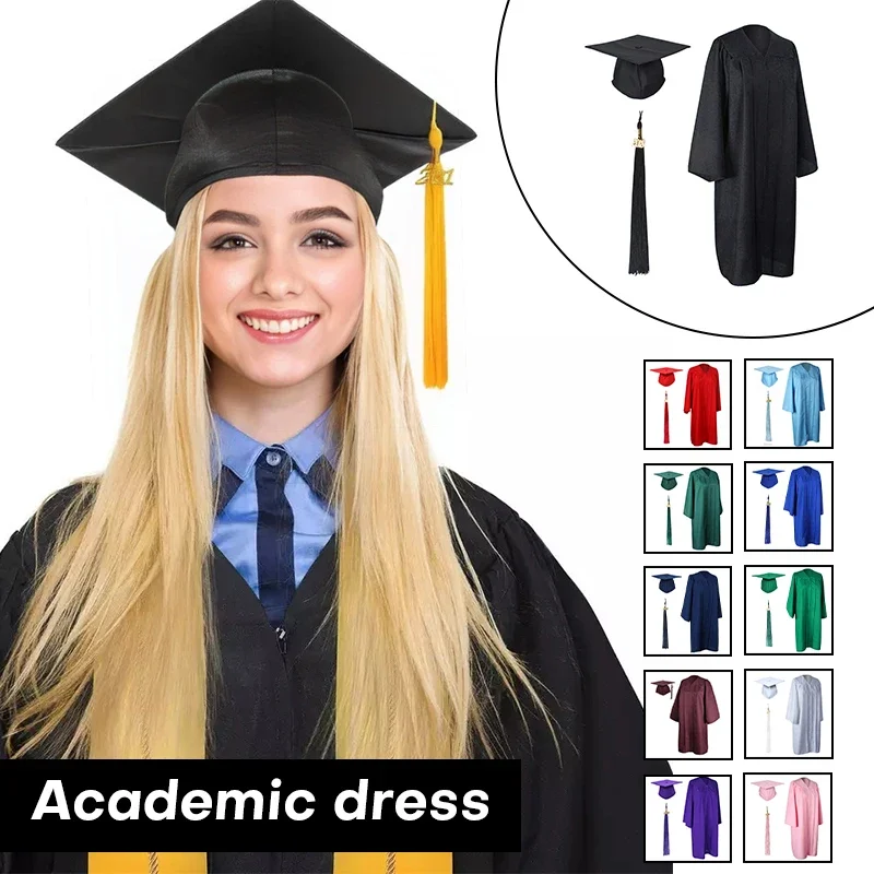 University Graduation Gown College Secondary High School Student Uniform with Tassel Bachelor Robes+Hat Set Wear Dress Adult Kid