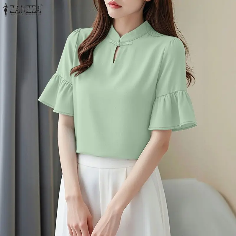 

Summer Vintage Woman Blouses Mandarin Collar Frog Button Retro Tops ZANZEA Casual Flared Sleeves Solid Color Blusas de Mujer