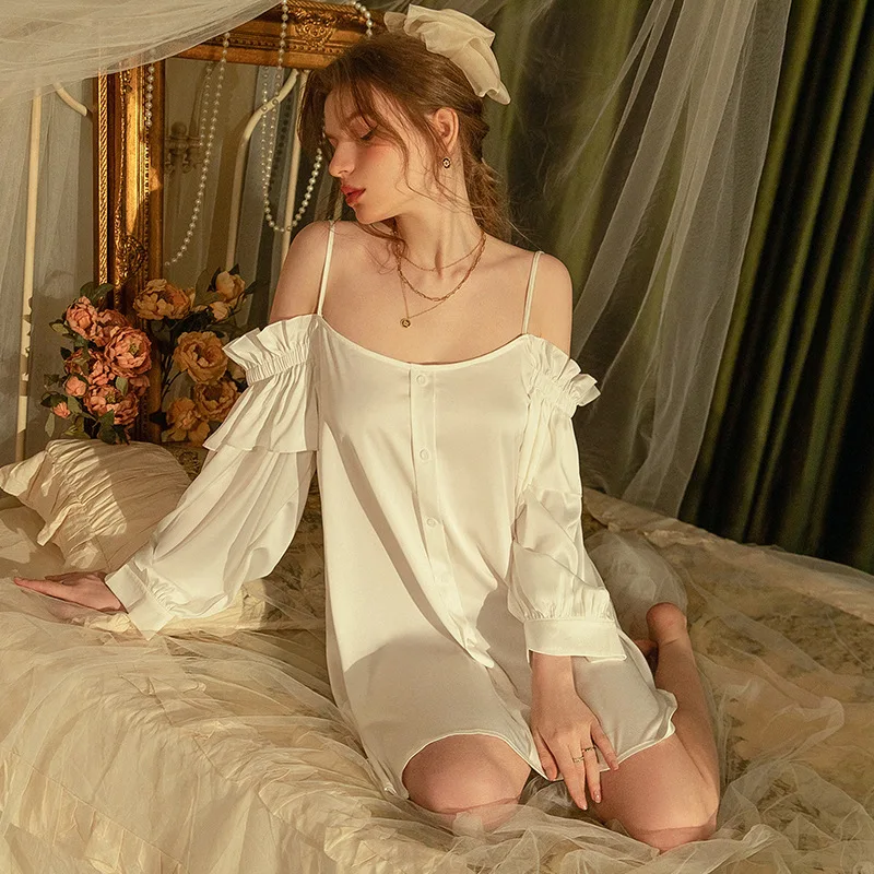 Women Sexy Off Shoulder Oversized Summer Thin Loose Comfortable Strap Shirt Nightgown Sleep Dress Sleepwear
