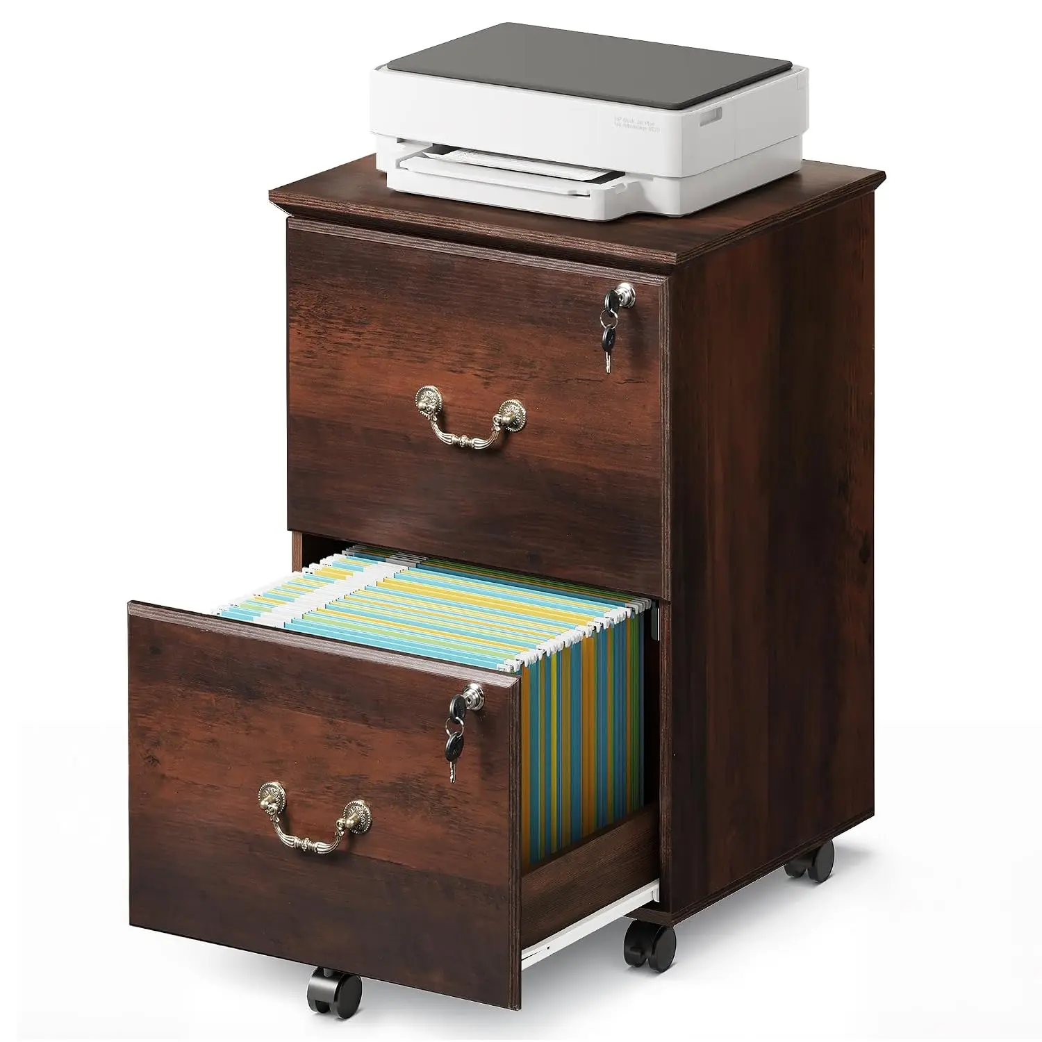 2 Drawer File Cabinet, Wood File Cabinet with Lock, Brown Oak