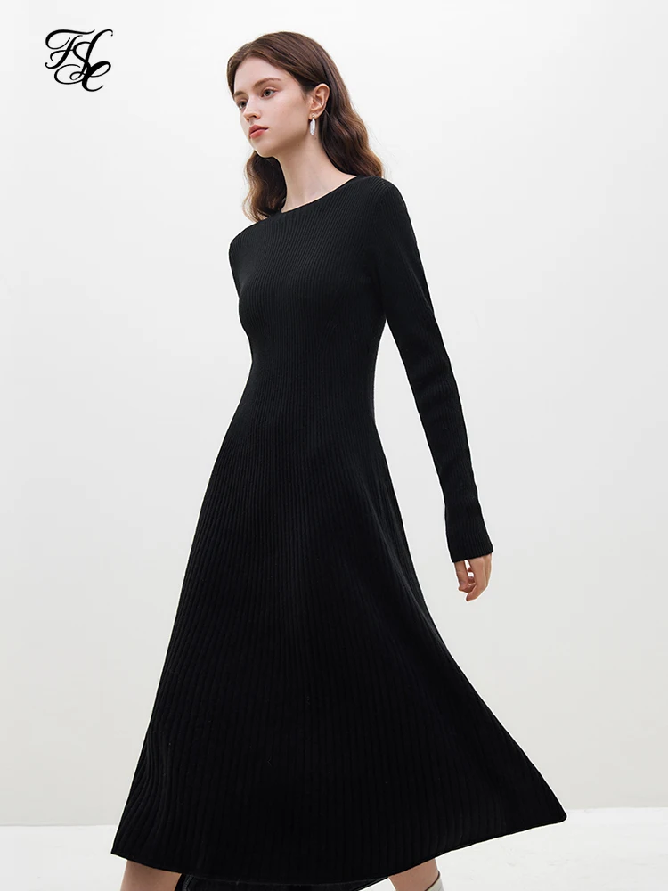 FSLE Simple Fashionable Knitted Slimming Dress for Women 2023 Winter Newly Commuter 49.7% Wool Inner Long Skirt for Female