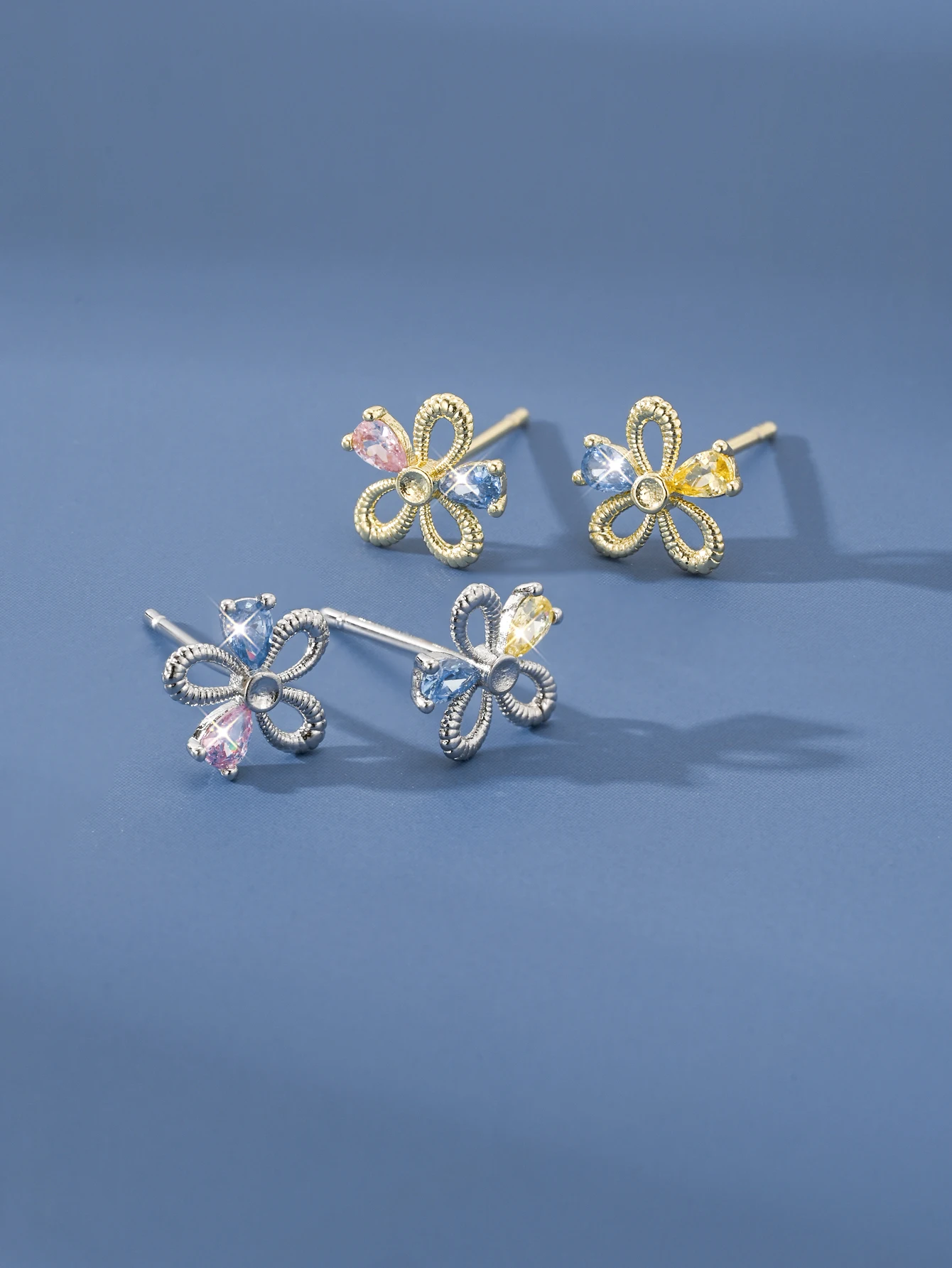 

S925 Silver Dainty Cubic Zirconia Flower Drop Earrings, Gold/Silver Plated Floral Dangling Studs, Romantic Fashion Accessories