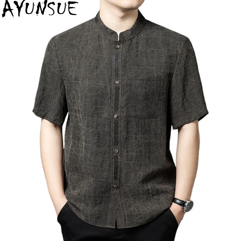 

AYUNSUE 100% Natural Mulberry Silk Shirt for Man 2026 Summer Short Sleeve Shirts Gauze Silk Tops High Quality Men's Shirts New