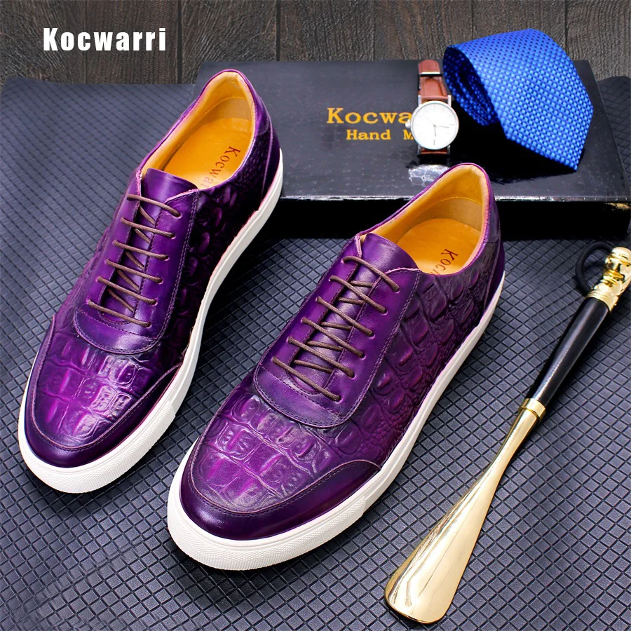 Men\'s Fashion Casual Leather Shoes Handmade Genuine Leather Crocodile Pattern Lace Up Non-slip Flats Dating Party Dress Shoes