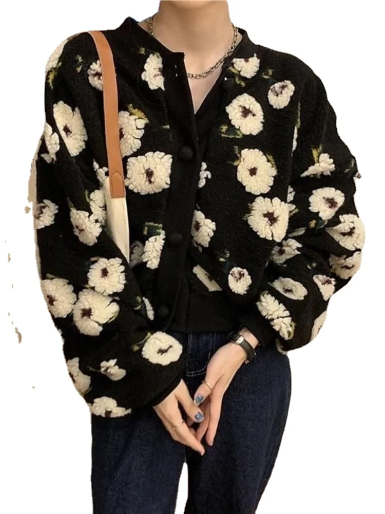 Korean Sweet Three-dimensional Flowers Design Crop Coats O-neck Single Breasted Vintage Jackets 2024 Spring Autumn Chic Outwears