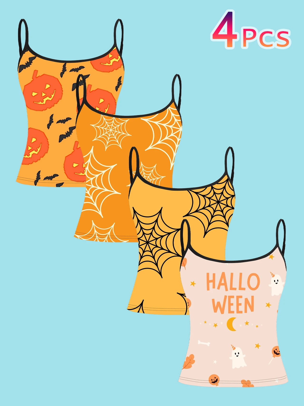4-Piece Set of Halloween Simple Pumpkin Spider Web Ghost Women's Camisoles, Full-Print Cartoon Slim-Fit Spaghetti Strap Short Camisole Tops