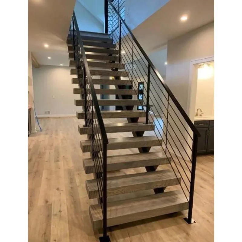 custom.Modern Design Indoor Straight Glass Railing Led Staircase Solid Wood Treads Floating Steel Wood Stairs