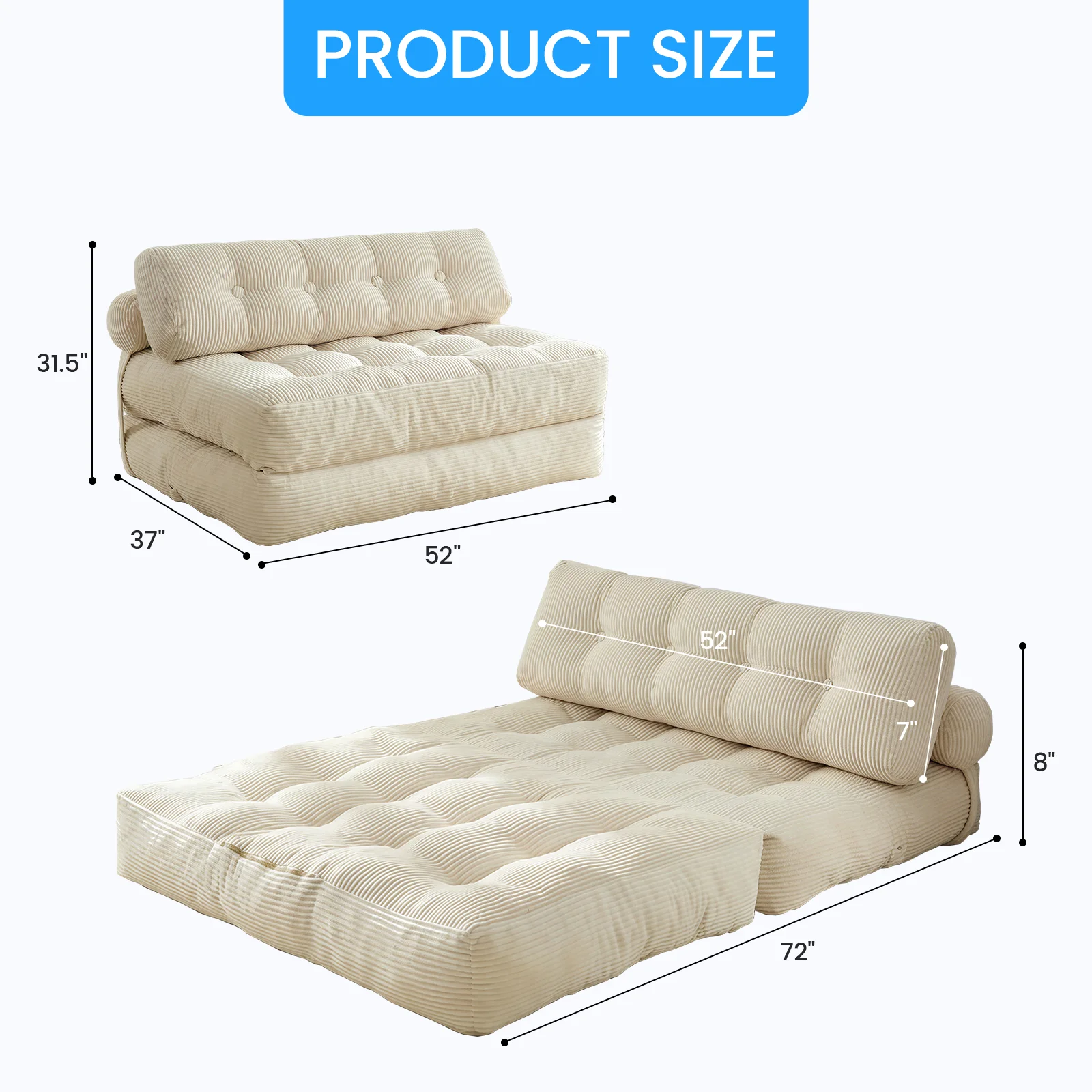 52 Inch Width Foldable Sofa Bed Convertible Sleeper Chair With Support Backrest Pillow Comfort Fold Out Mattress Floor Lounger For Living Room Bedroom
