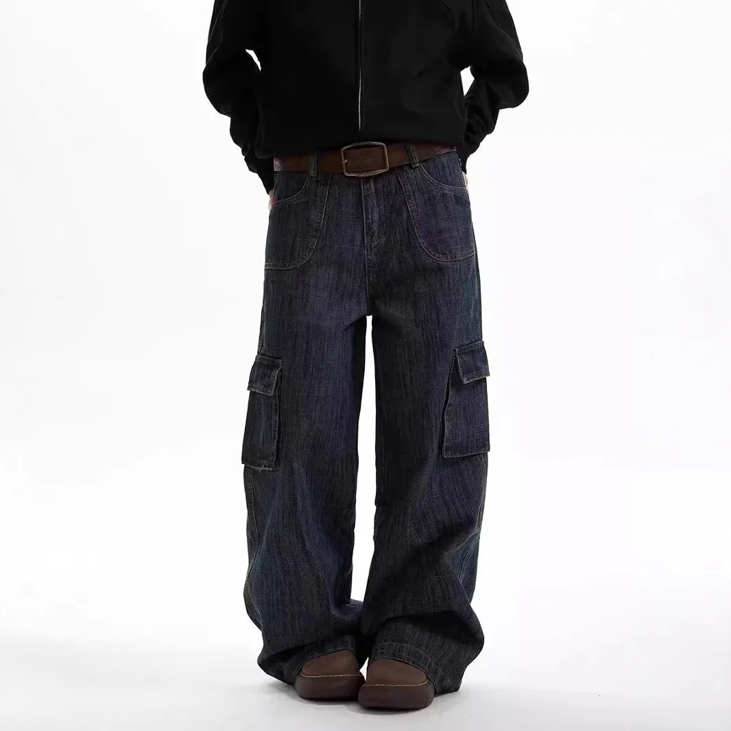 Jeans fiammato vintage a righe scure Pantaloni larghi cargo multitasche a gamba dritta da uomo