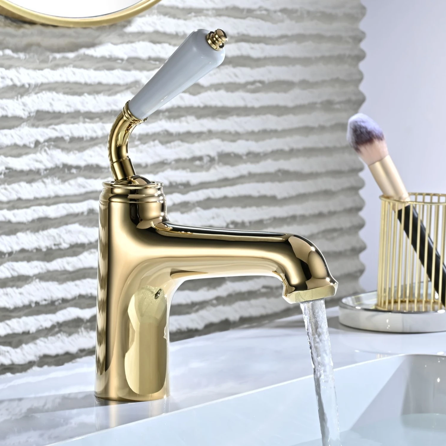 

Brushed Gold Basin Faucet Single Handle Vintage Brass Hot Cold Water Mixer Tap