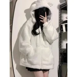 Women Zip Hoodie Thicken Fuzzy Fleece Sweatshirts Harajuku Bear Ear Oversize White Coats Cute Soft Winter Outerwear New