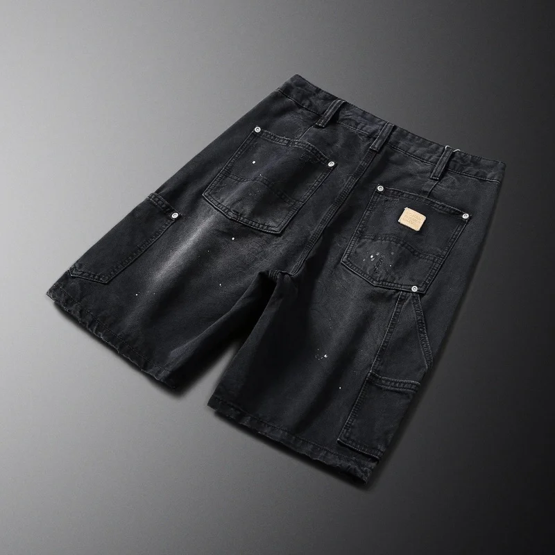 Stylish denim shorts for men, American-style loose straight-cut denim shorts with a unique paint pattern, standout men's clothin