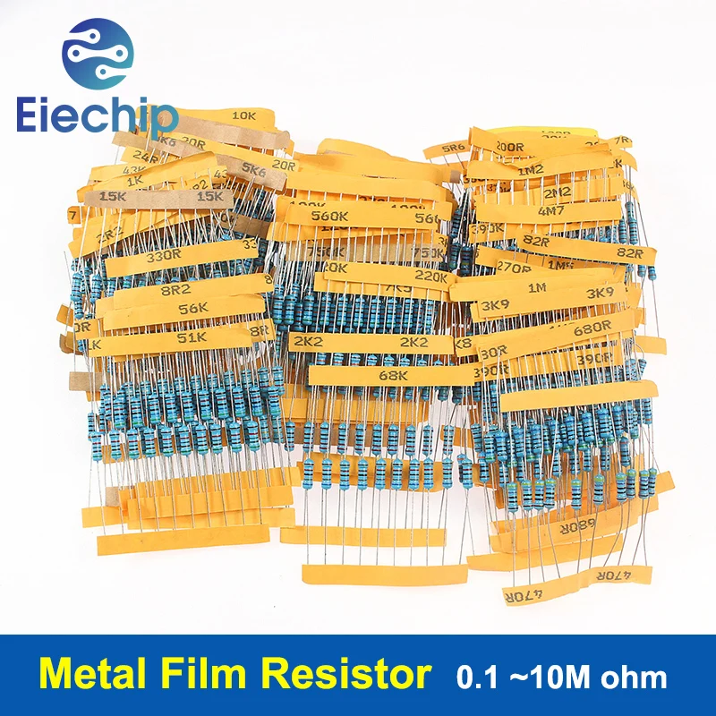 

0.5W Set of resistors 1/2W Metal Film Resistor Assorted Kit 0.1 ohm~10M ohm 1% Color Ring Resistance 110 Kinds*10pcs=1100PCS