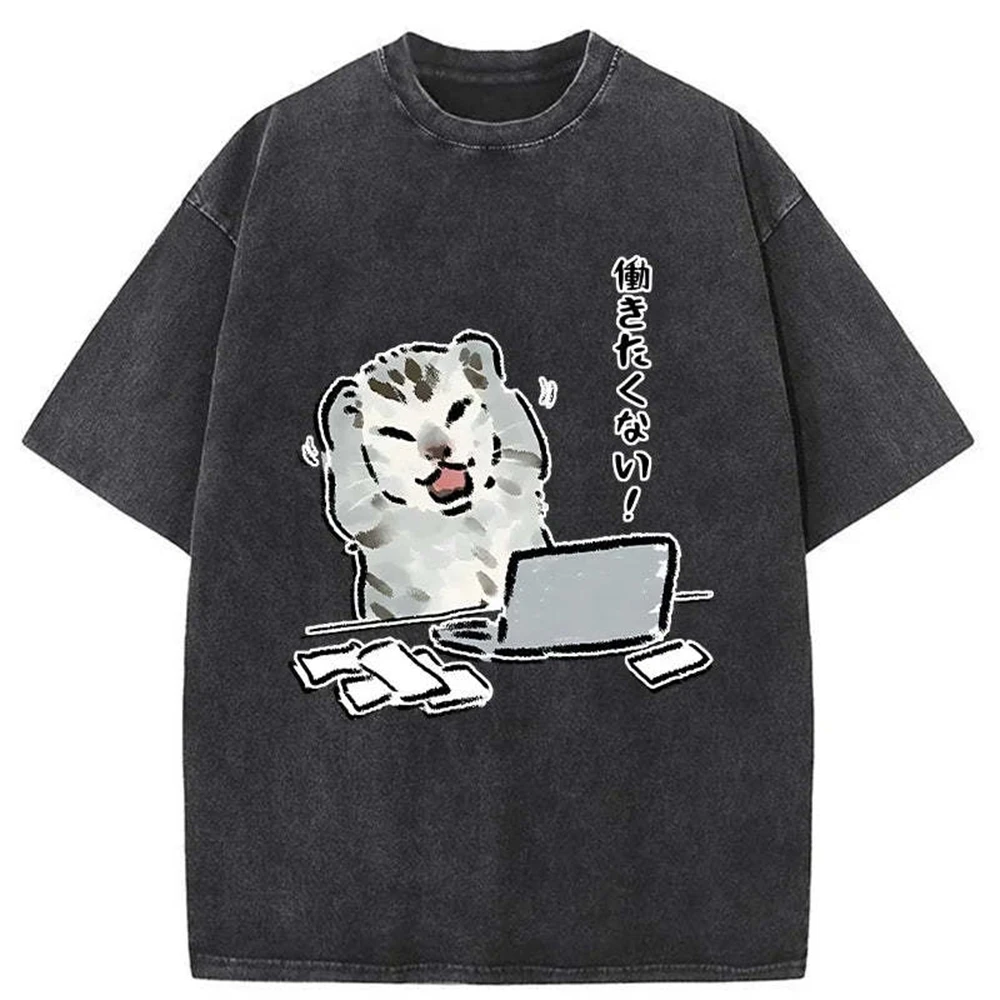 

SOVOB Cat Who Doesn't Want To Work Washed Mens Clothing T-shirts Tee short sleeve Round Neck Printing Pullover T-Shirt 25515