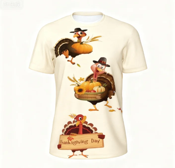 2025 الشكر الأسرة جمع تركيا نمط ثلاثية الأبعاد تي شيرت مطبوع الخريف موضة الرجال والنساء قصيرة الأكمام تي شيرت