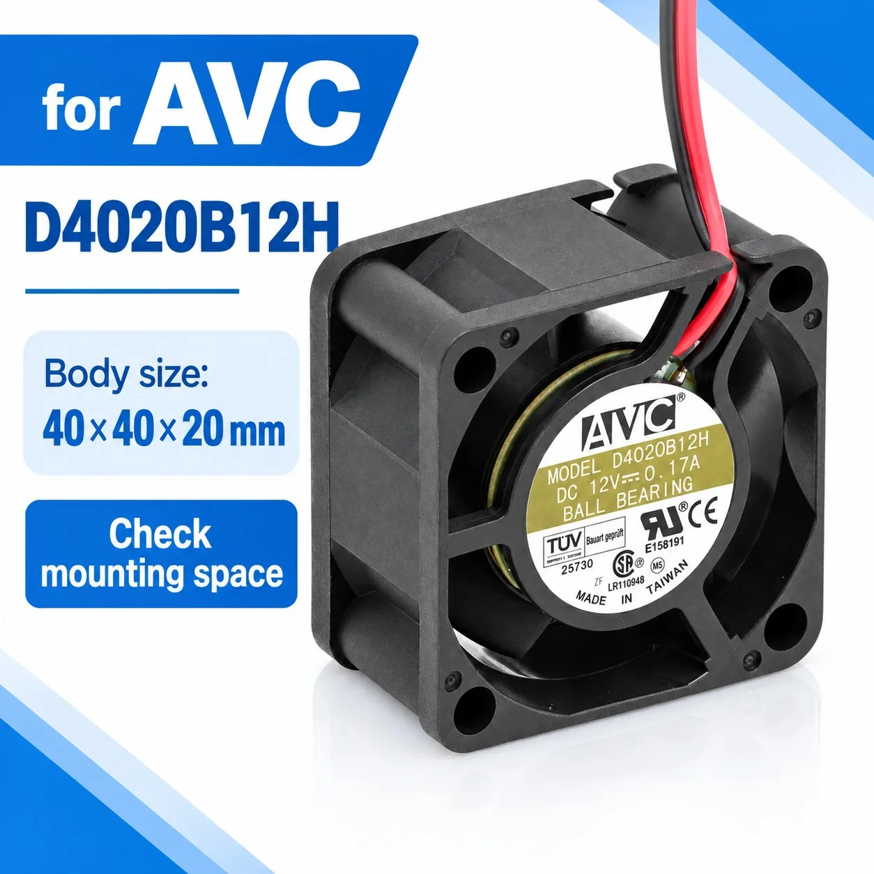 D4020B12H DC PC Case Cooling Fan 40x40x20mm 4020 12V 0.17A 2-Pin for AVC