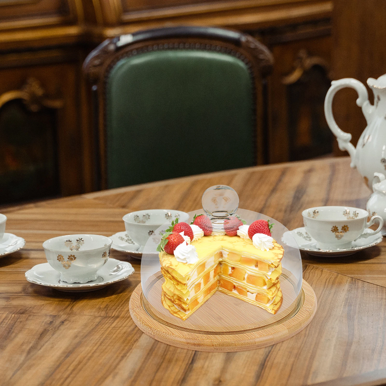

1 set 1 Set Cake Glass Cover With Wooden Base Transparent Dessert Display Stand For Party Wedding Home Use Storage Tray