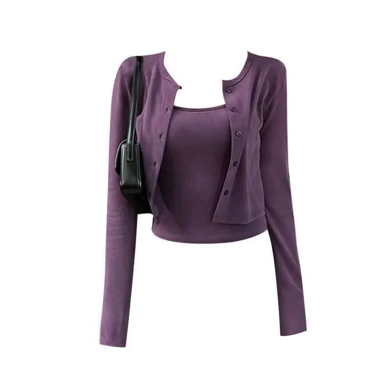 Retro Hong Kong Chic Purple Strap Outerwear Cardigan Two-Piece Set Women's Spring Autumn Fashion Casual Slimming Top
