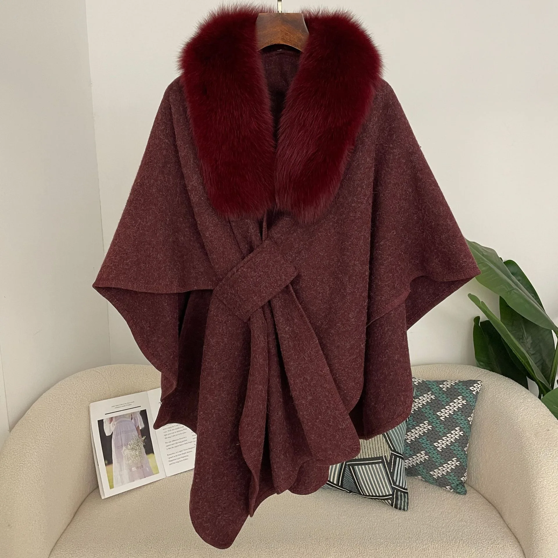 Hot-selling Fashion Autumn And Winter New Style Real Fox Fur Collar Cloak Shawl Loose Knitted Cardigan Woolen Jacket