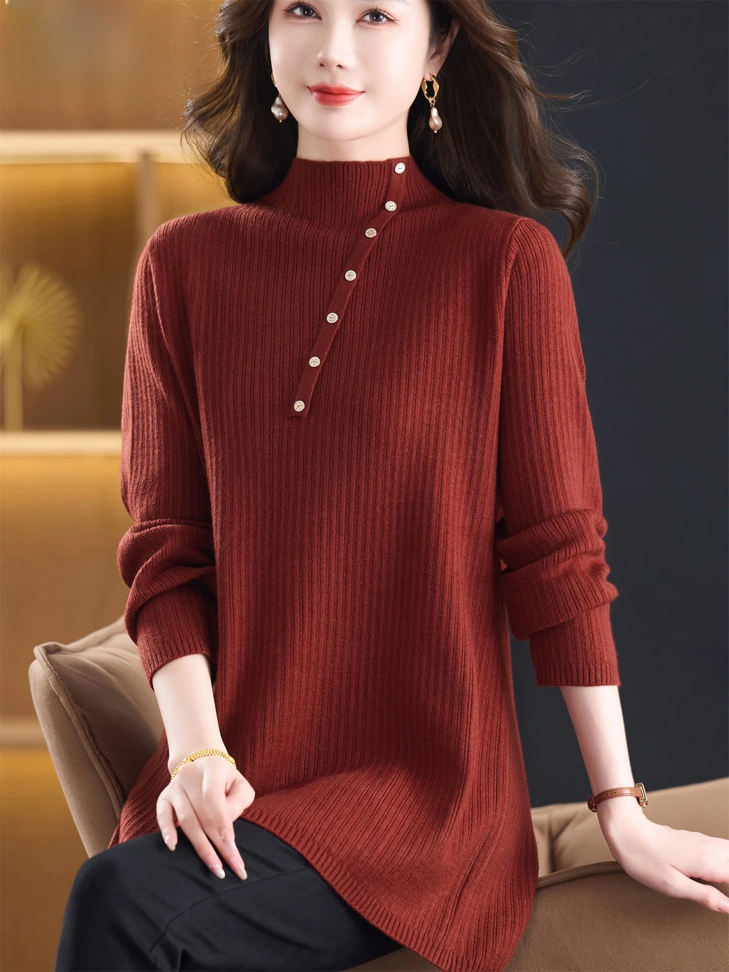 

Loose Fit Mid-aged Women's Woolen Sweater f High Collar Vertical Stripe Pattern Inner Wear Large Size Base irt for Autum...