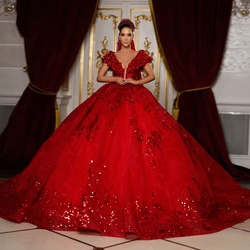 Exquisite Princess Ball Gown Red Wedding Dress Customized Sparkly Appliques Beads Bride Marriage Women Formal Party Clothing
