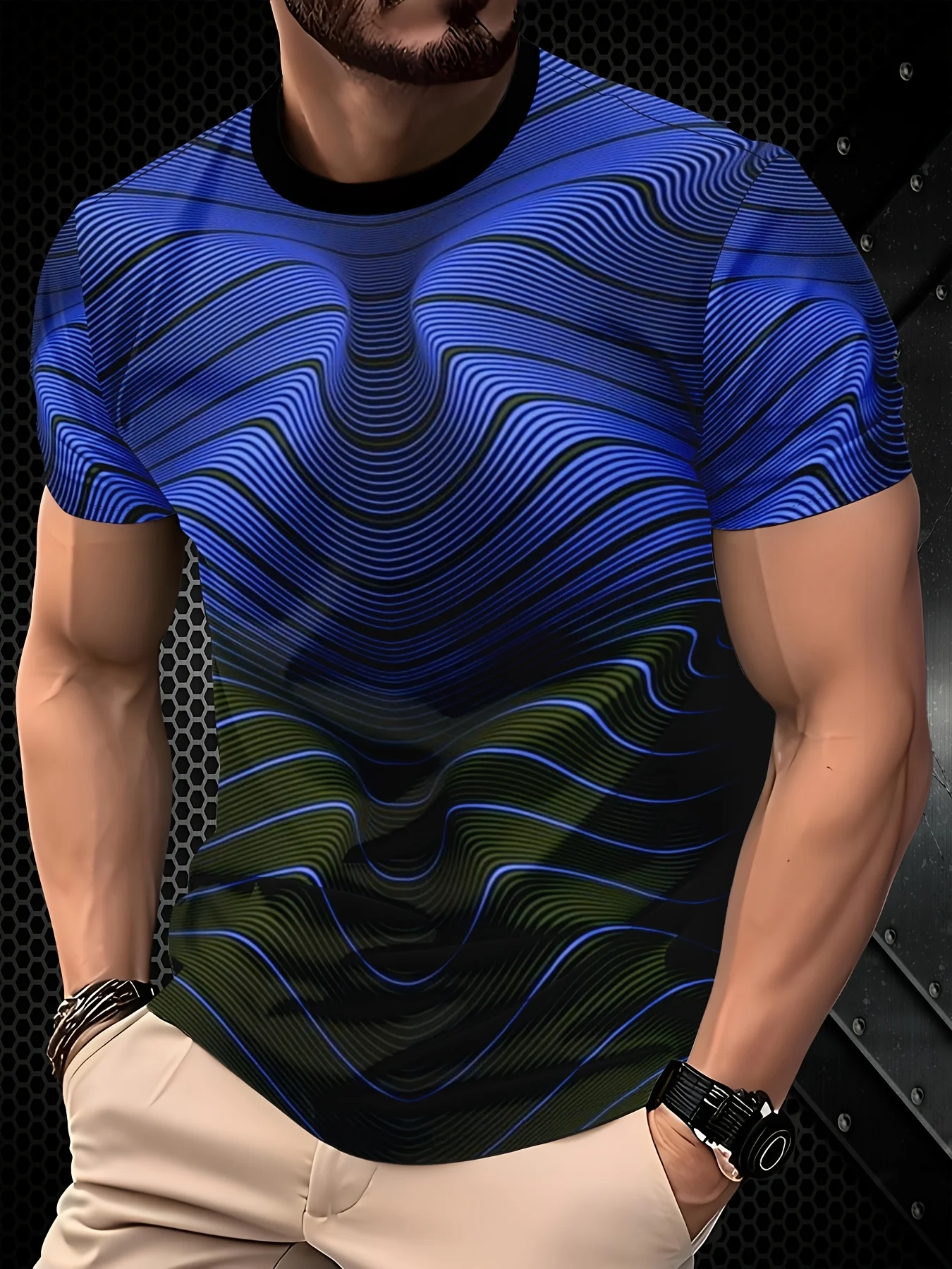Men Gradient Blue Green Wave Line Optical Illusion Print Crew Neck T-shirt Summer Short Sleeve Regular Fit Casual Top