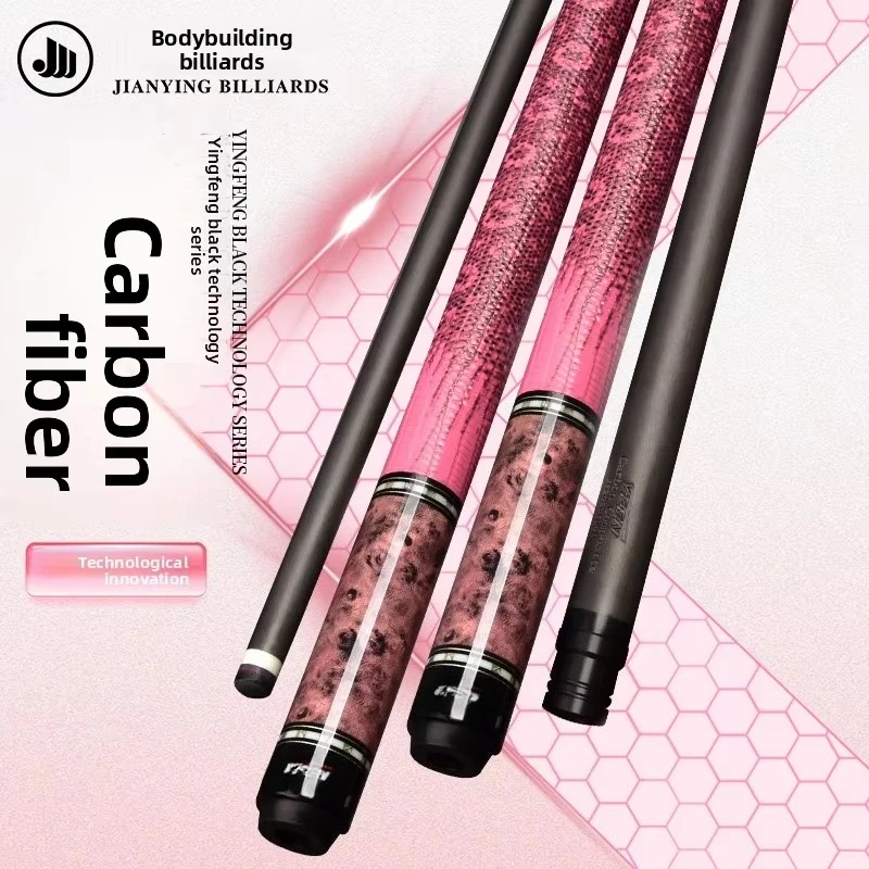 Taco de nueve bolas YF-M19 de fibra de carbono rosa, cabeza grande y pequeña con funda de arce para niñas, para billar y billar