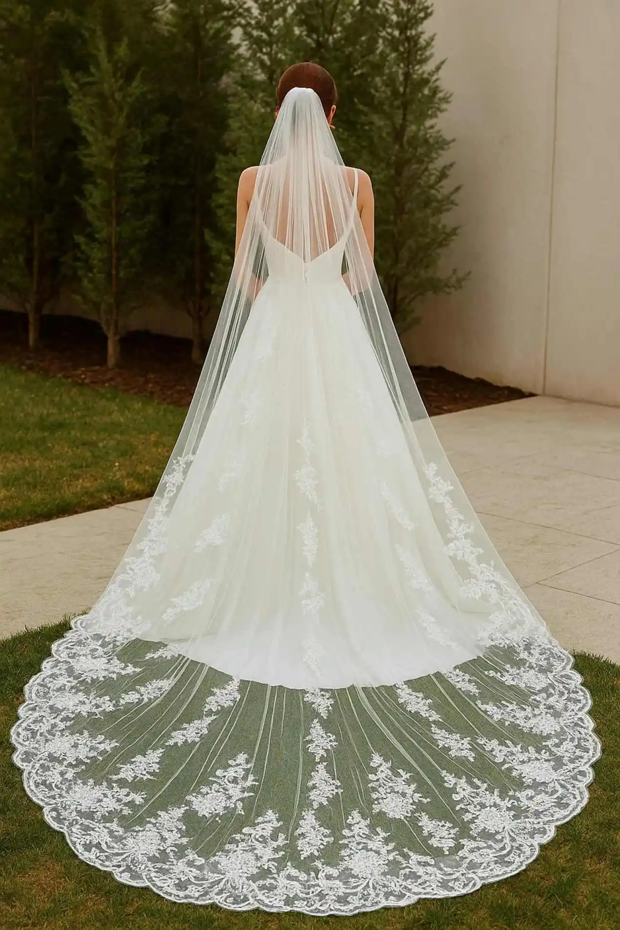Einfacher Hochzeitsschleier mit Applikationen, einlagig, lange Kapellenschleier für die Braut mit Kamm, Brautaccessoires, personalisierbarer Velo de Novia – Detail 3