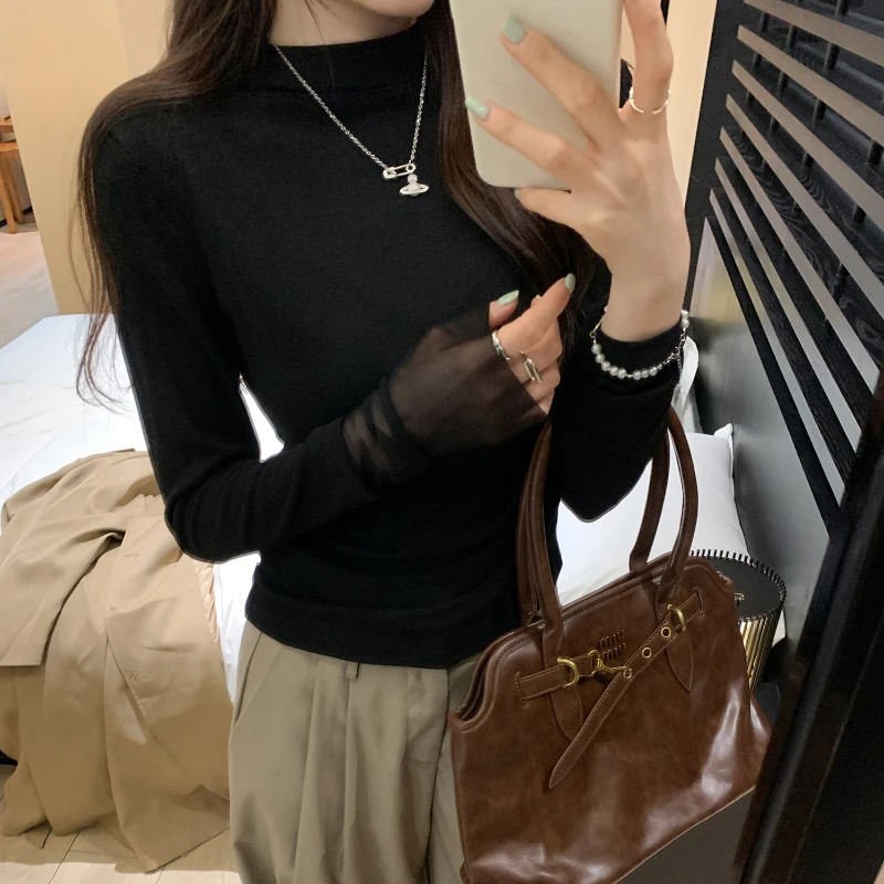 2025 nueva primavera otoño malla Patchwork camiseta de mujer prendas de punto de manga larga cuello redondo Casual camisas inferiores coreanas Tops ajustados Mujer
