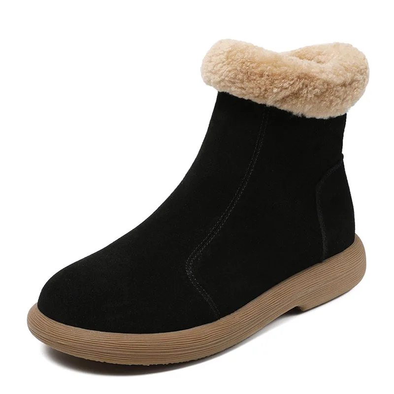 DRKANOL 2026 Fashion Women Snow Boots Quality Cow Suede Leather Winter Fur Warm Flat Heel Side Zipper Casual Short Ankle Boots