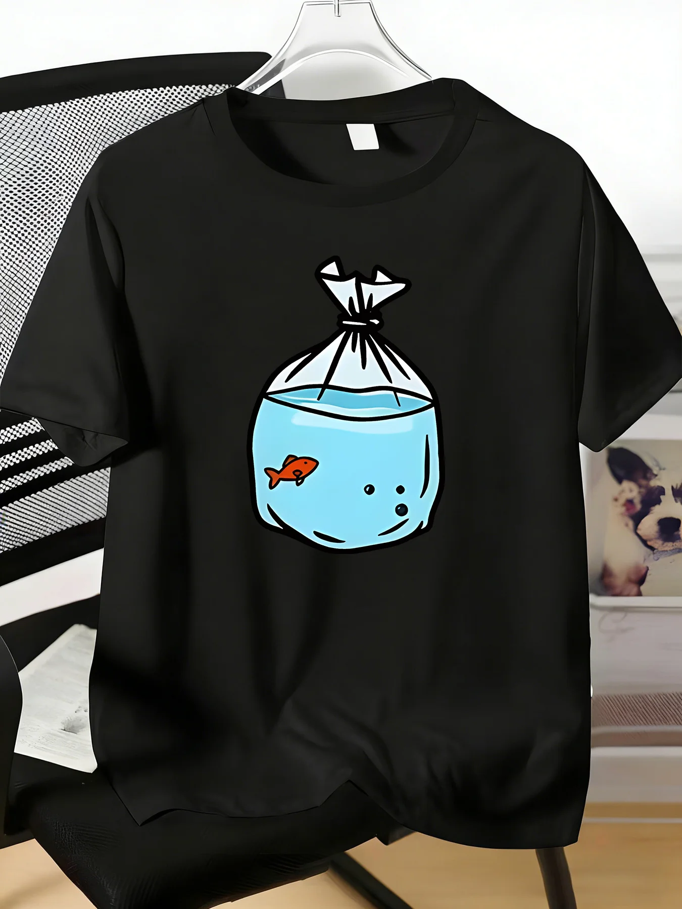 Men White Short Sleeve Crew Neck Tee Cute Goldfish In Plastic Bag Cartoon Print Soft Cotton Animal Lover Casual Daily Loose Top