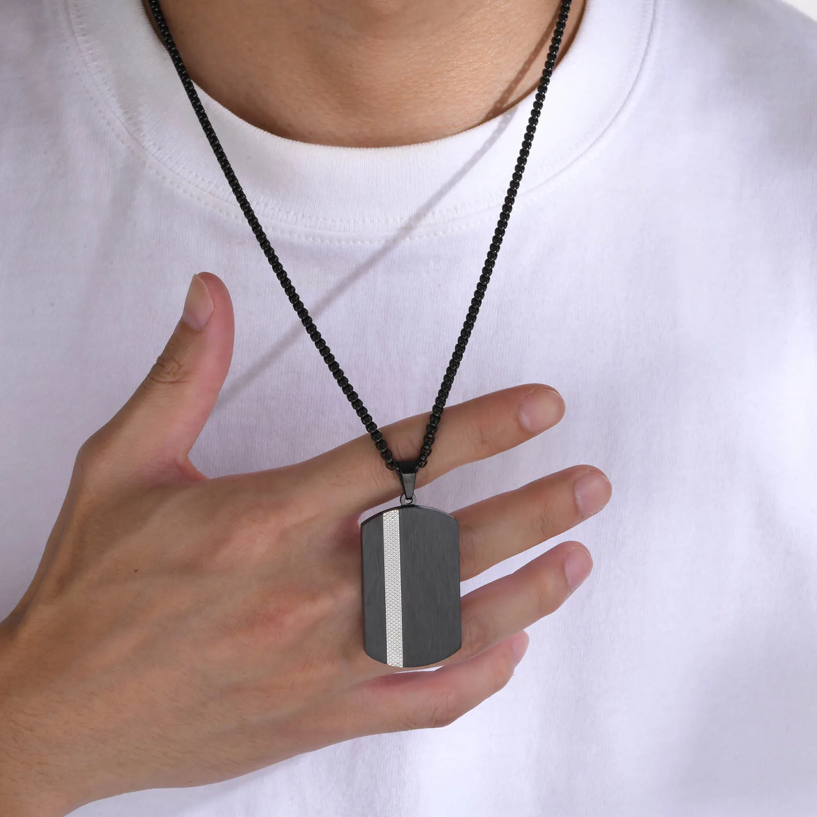 Stylish Black Dog Tag Necklaces for Men Boys, Waterproof Stainless Steel Geometric Square Pendant Collar with Box Chain