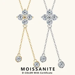 Lnngy Niche Light Tassel Pendant Moissanite Necklace 925 Sterling Silver Four-leaf Flower Necklaces for Women 2024 Trend Jewelry