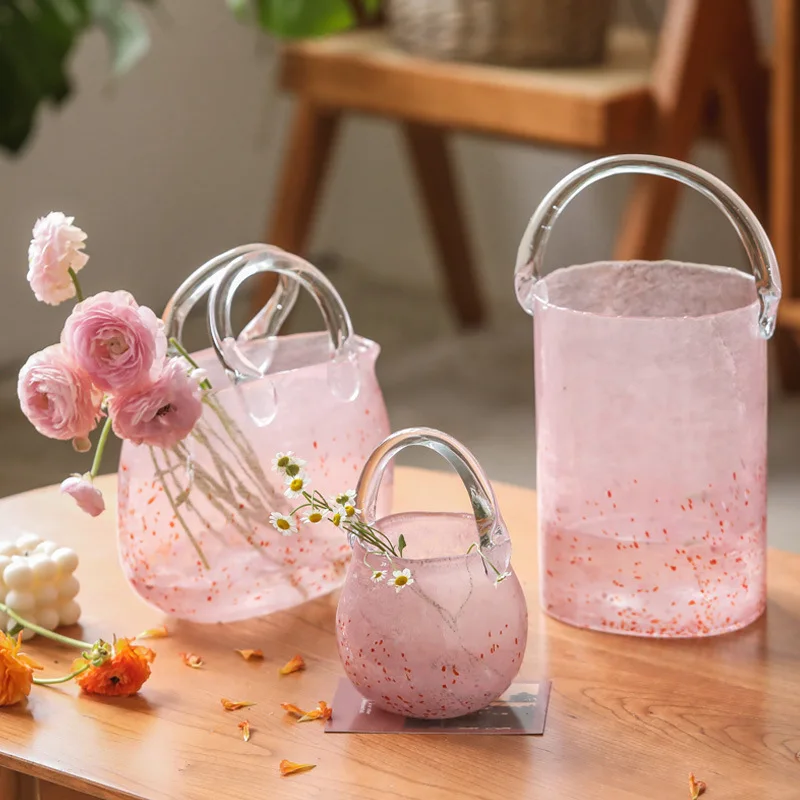 

DSA simple creative hand basket pink bag glass vase transparent flower arrangement living room ornament vase