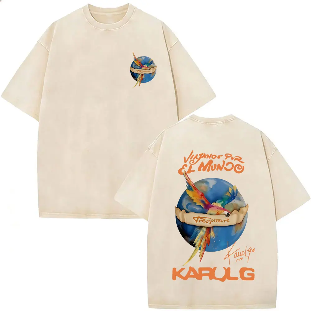 

Washed Vintage Karol G Viajando Por El Mundo Tropitour 2026 T Shirt Men Women Fashion Oversized T-shirt Casual Cotton T-shirts