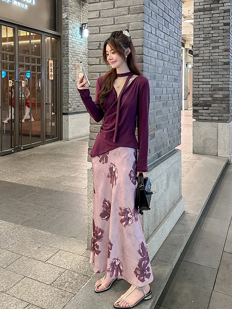 

Ele Фиолетовый комплект из двух предметов, женский весенне-осенний новый дизайн, топ с застежкой на талии, f-юбка, ансамбль, моющийся наряд