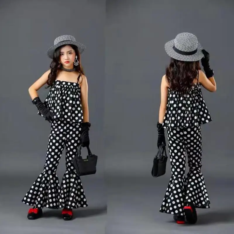 

Girls' Retro Hong Kong Style Catwalk Trendy Clothes Summer New Thin Flared Pants Polka Dot Tube Top Suspender Dancing Trend