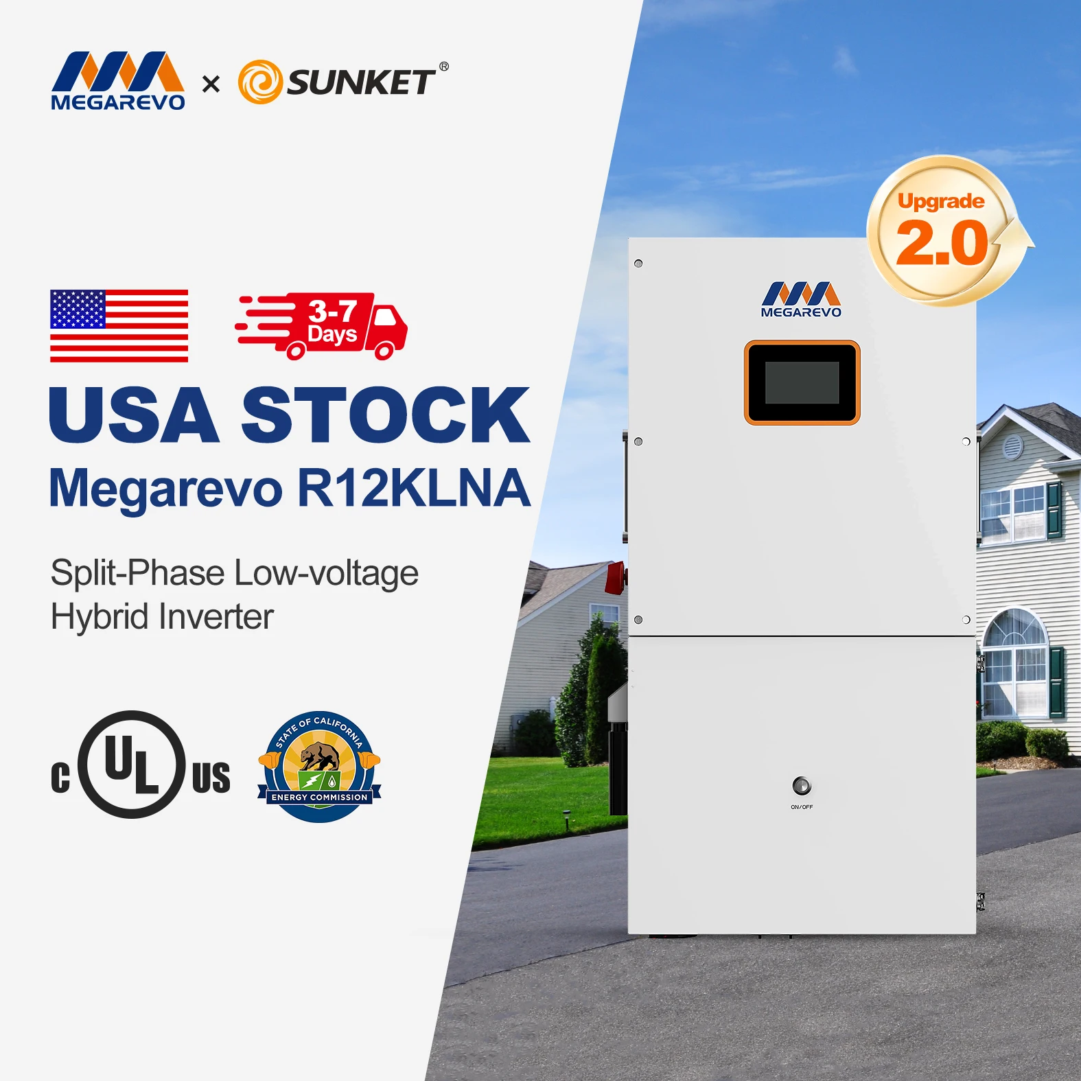 Megarevo Hybrid Solar Three Phase Inverter R10KLNA/R12KLNA 6-16KW 120/240V AC 99.9% Efficiency Smart Control for Home Use USA EU
