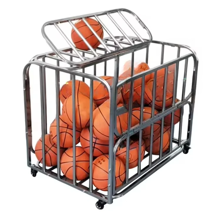 Hand push stainless steel folding storage rack basketball rack outdoor sports mobile trolley with volleyball