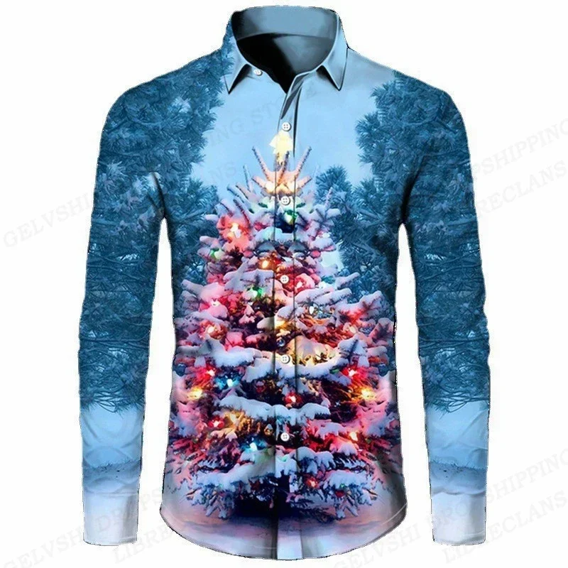 Camisas hawaianas navideñas, camisas con estampado de árbol de Navidad, camisas de moda para hombres, blusa de playa de manga larga, ropa azul con solapa para hombres