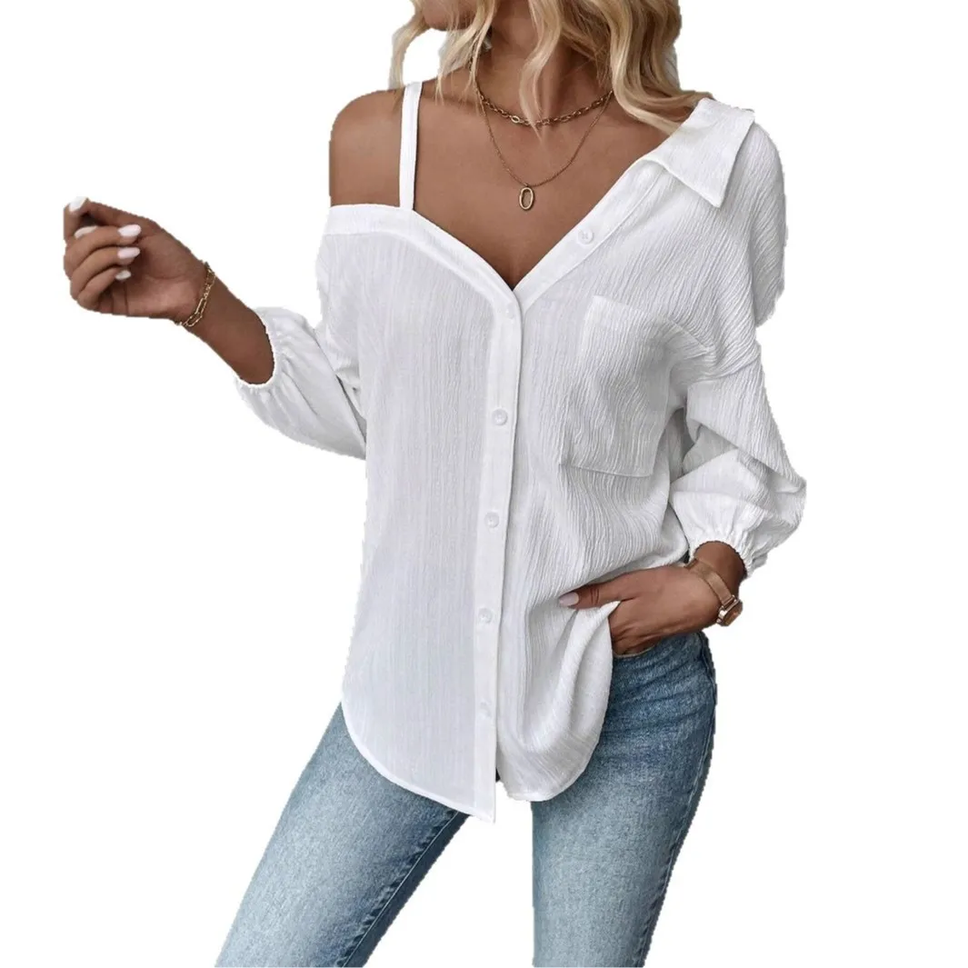 

Chemises Et Blouse 2025 Woman Clothing Spring/Summer Women's Shirt New Fashion Flap Off The Shoulder Cardigan Texture Top Mujer