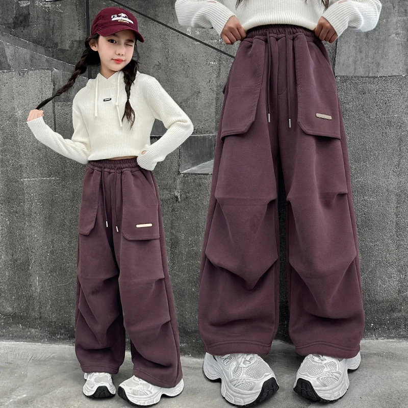 

Girls Fleece Lined Sports Pants Straight Leg Autumn Winter Children Cargo Trousers Kids Fashion Outerwear Bottoms Ages 4-14Y